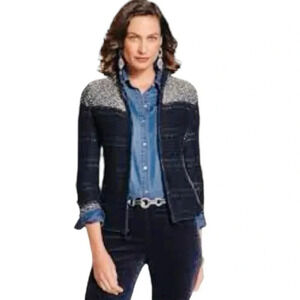 CHICO’S | Women’s Navy Blue/White Tasha Tweed Zip-Up Blazer/Cardigan Size 1 (S)